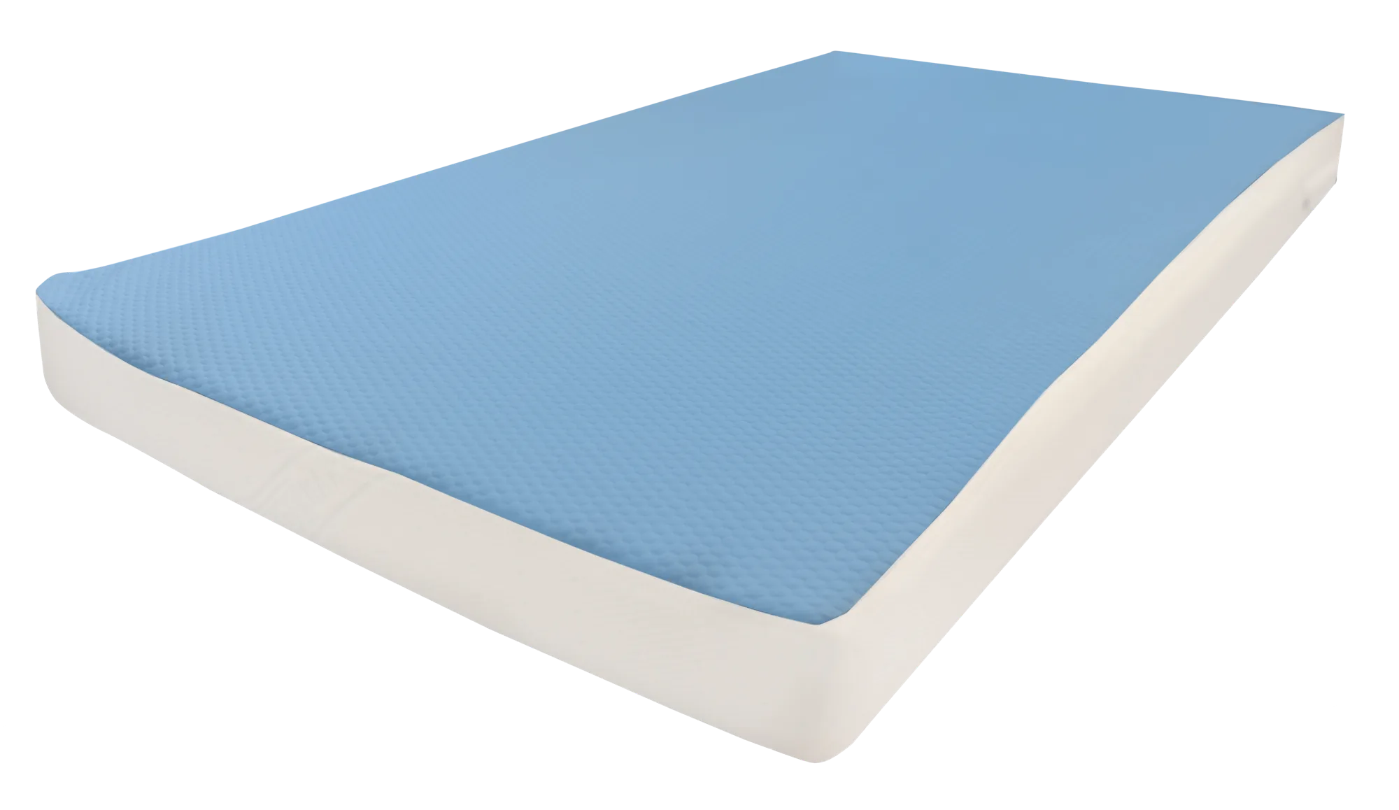 A Napper crib mattress with a blue knitted top and white sides