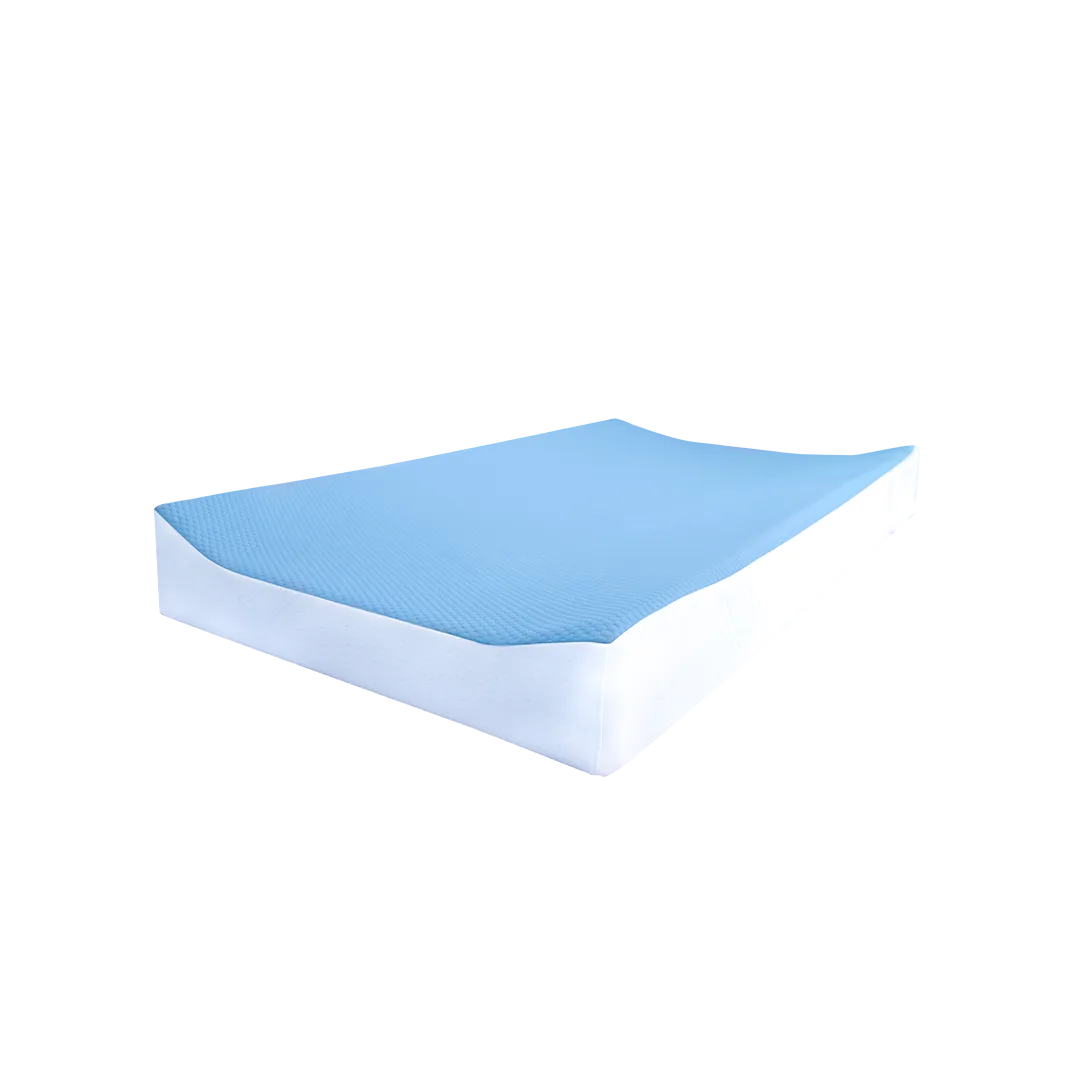 Napper cradle mattress with raised, contoured side edges and a blue top